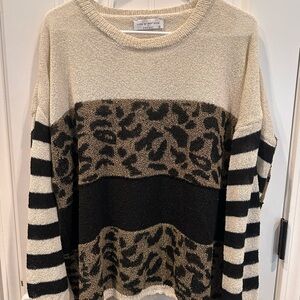 Pink Lily Leopard Print Striped Sweater